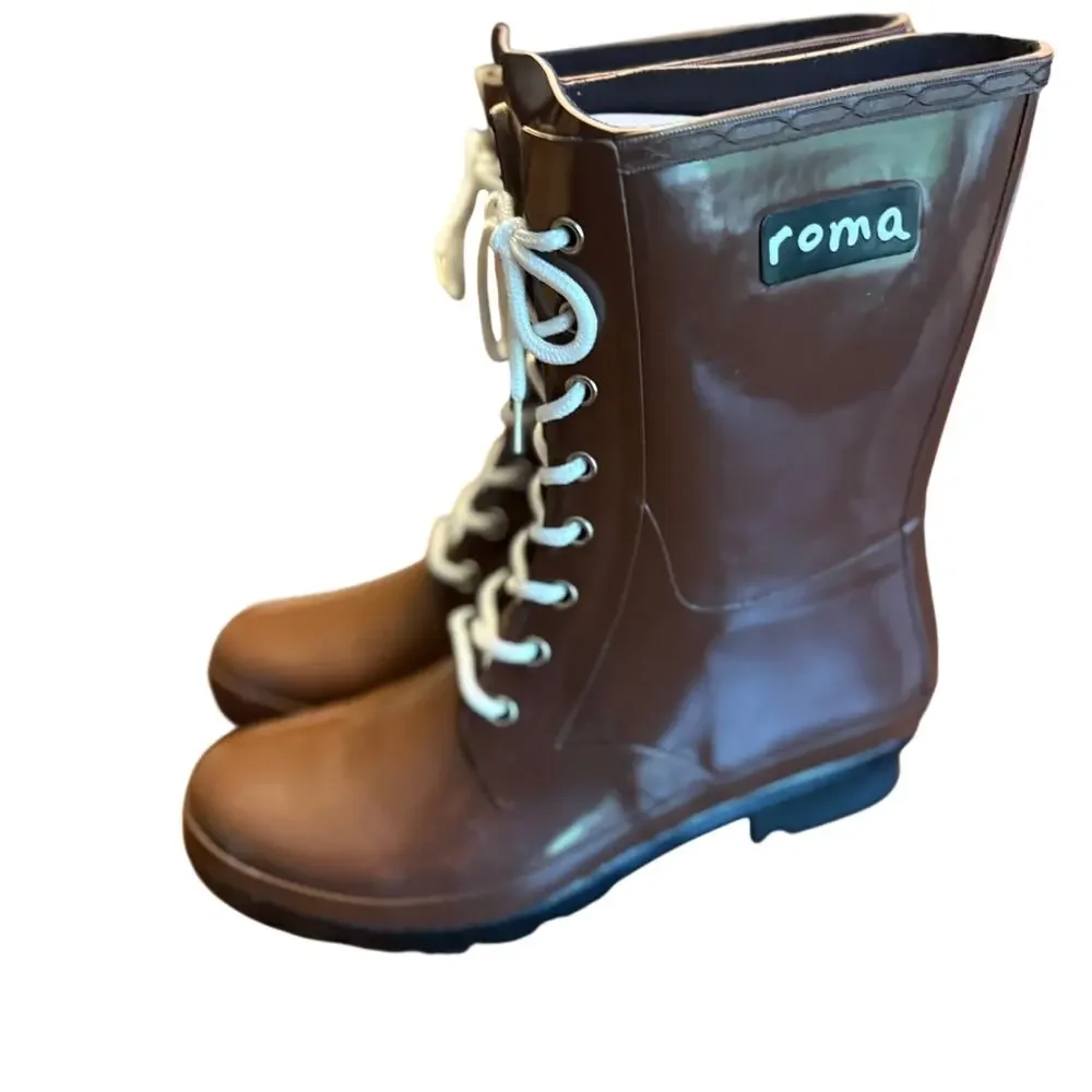 Roma Epaga Combat Mid Rain Boots 10 NWT Brown Mid Calf Wellies Lace Up